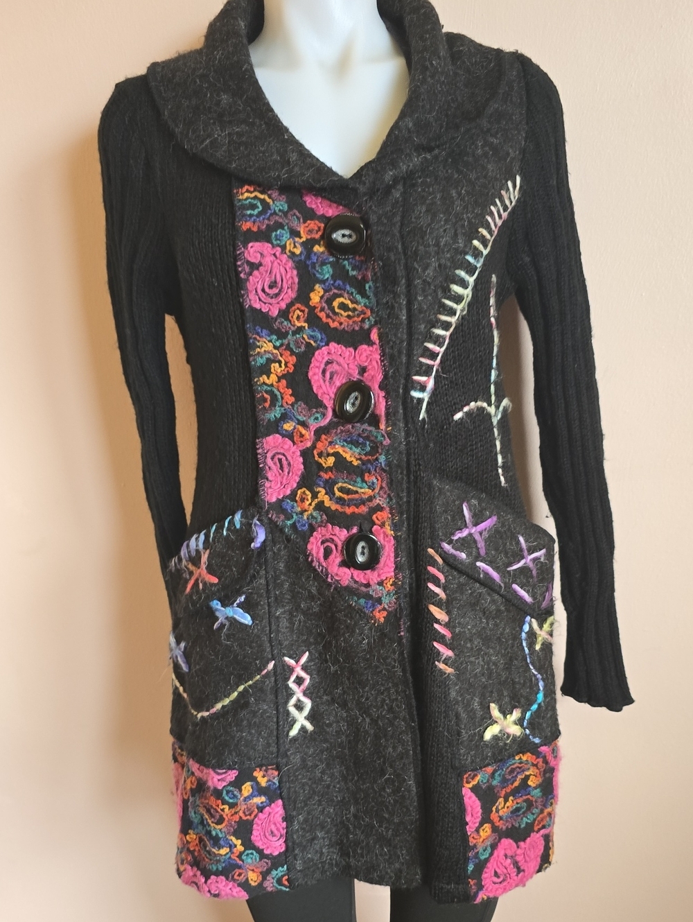 Liquid By Sioni Black Embroidered Long Cardigan Sweater